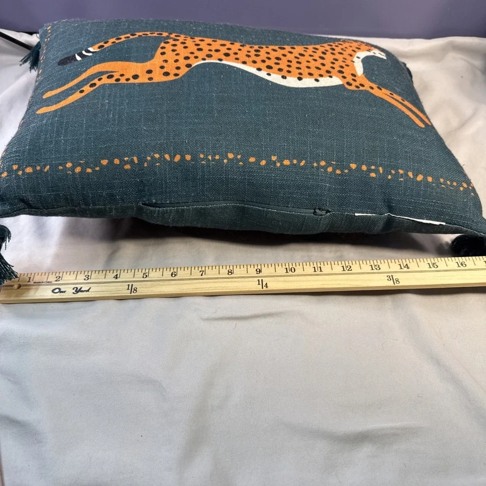 Green Teal Embroidered Leaping Cheetah Luxury Decorative Toss Pillow Tassels